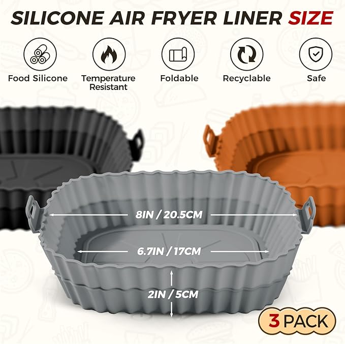 Buauty 3 Pack Air Fryer Silicone Liners 8inch Air Fryer Silicone Pot Reusable Food Grade Silicone Airfryer Liners Baking Basket Accessories Replacement of Flammable Disposable Parchment Paper