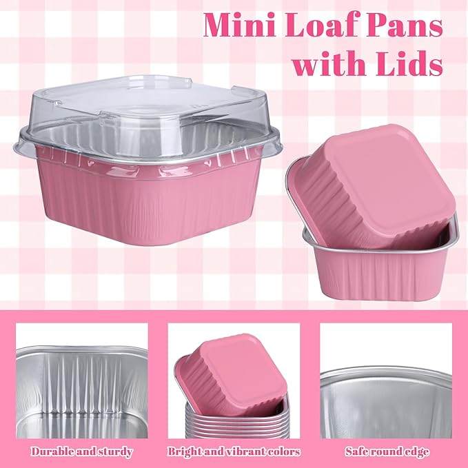 100Pack Mini Cake Pans with Lids And Spoons, 5oz Square Mini Loaf Pans with Lids, Disposable Cupcake Ramekins Small Cake Pans Aluminum Cups with Lid, Foil Baking Cups Dessert Containers for Party Pink