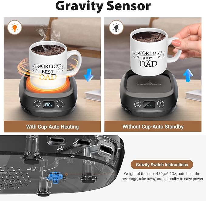 Coffee Mug Warmer,70W Coffee Warmer with 3 Charging Ports, Gravity Switch, with 3 Temperature Settings/Auto Shut-Off Function, Electric Beverage Warmer for Keep Coffee|Tea Hot