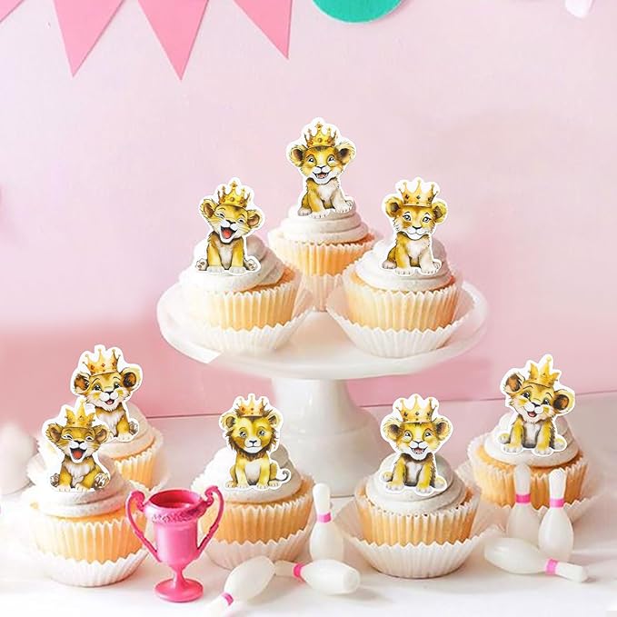 40Pcs Edible Lion Cupcake Toppers Wafer Paper Safari Animal Theme Cake Toppers Decoration for Lion Drink Topper Baby Shower Birthday Animal Theme Party Cake Decorations Supplies
