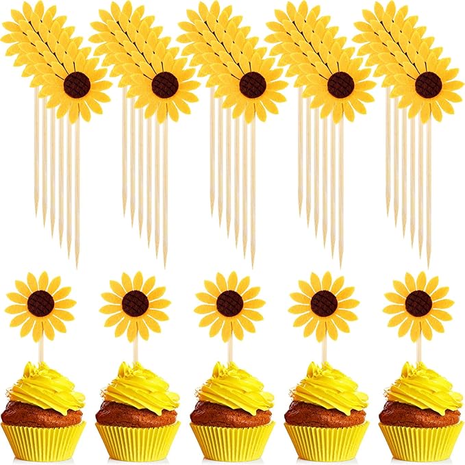 60 Pieces Sunflower Cupcake Toppers Yellow Flower Cake Picks Sunflower Toothpicks Summer Food Picks for Wedding Party Supplies Birthday Cake Decorations