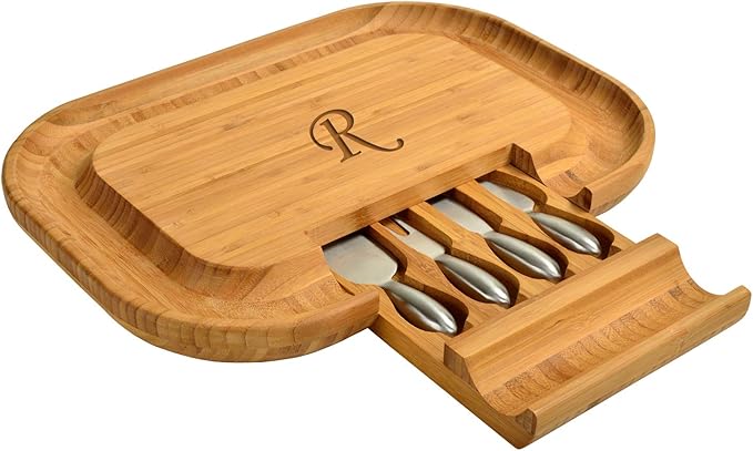 Picnic at Ascot Personalized Monogrammed Engraved Bamboo Cutting Board for Cheese & Charcuterie - includes Knife Set & Cheese Markers- Designed & Quality Checked in USA