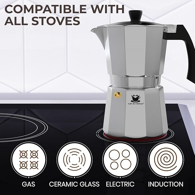 Cafe Du Chateau Moka Pot Espresso Maker - Makes 6 Espresso Cups - Stovetop Coffee Percolator with Clip Measuring Spoon - Ideal Cuban & Italian Coffee Maker