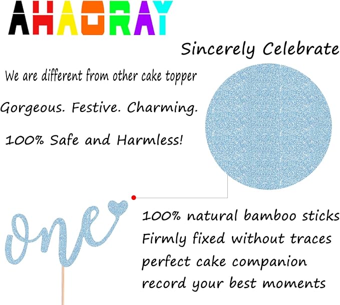 First Birthday Cake Topper - Light Blue Glitter Love One Birthday Cake Decorating Supplies, Perfect for Baby Shower/Gender Revealing Party/Baby Party Photo Booth Props