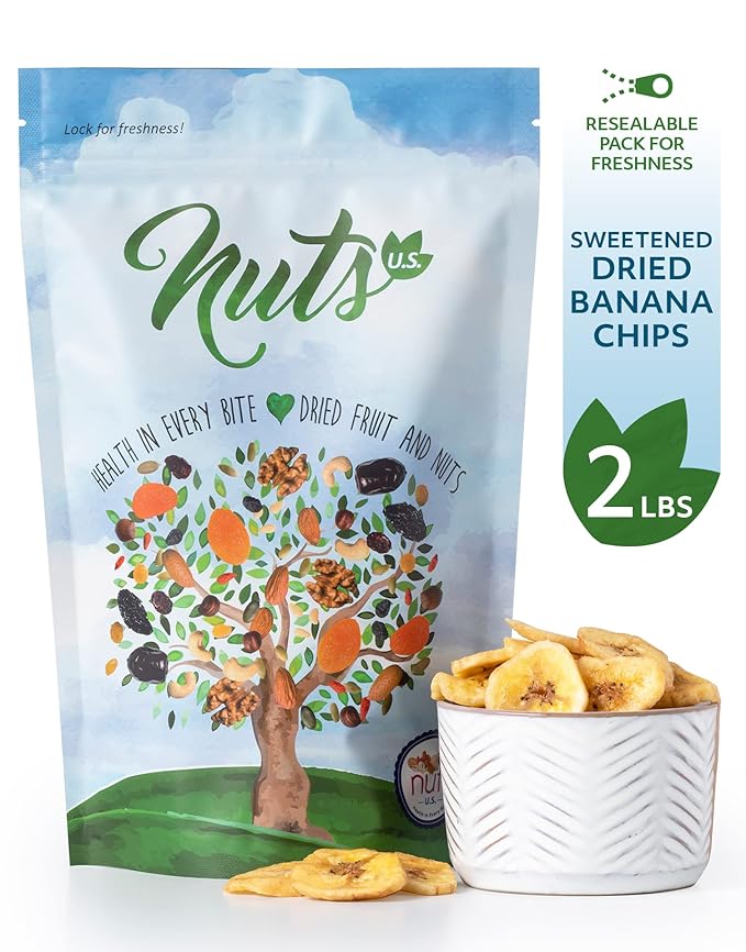 NUTS U.S. - Banana Chips | Dried and Sweetened | All Natural | Vegetarian | Non GMO and Gluten Free | Packed in a Resealable Bag (2 LBS)