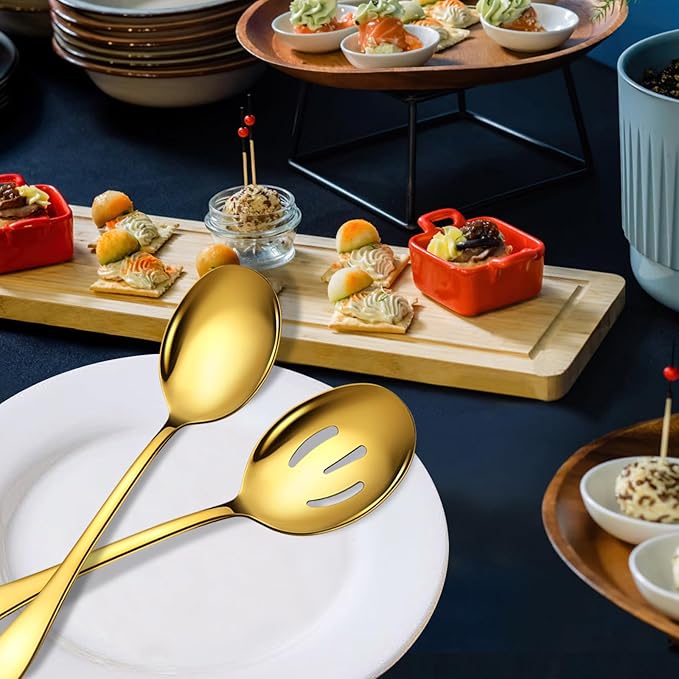 6 Piece Stainless Steel Serving Spoons Set, 10-Inch, Includes 2 Spoon/Slotted/Forks for Parties/Kitchen/Buffet/Catering, Dishwasher Safee, Gold
