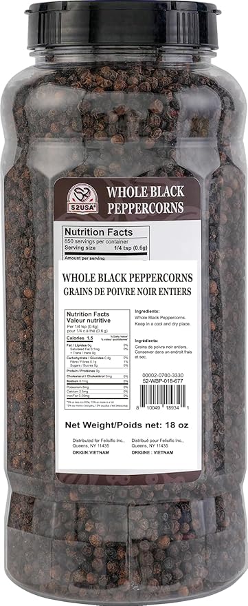 52USA Whole Black Peppercorns, 18oz (Pack of 1), Peppercorns for Grinder Refill, Gluten-Free, Kosher, Non-GMO, All Natural Black Pepper, Perfect for Cooking & Seasoning