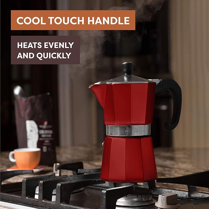 Bellemain Stovetop Espresso Maker | Italian Moka Pot Espresso Maker, Classic Aluminum Design Mocha Pot for Home Brewing & Camping | Easy to Use & Clean - 3-Cup, Red