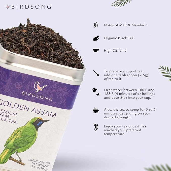 Birdsong Golden Assam- Organic Black Tea, Flavourful Caffeinated English Breakfast Assam Tea with Malty, Mandarine, Wood Notes and 100% Natural Sweetness, 20 Non-GMO Plant-Based Pyramid Tea Bags