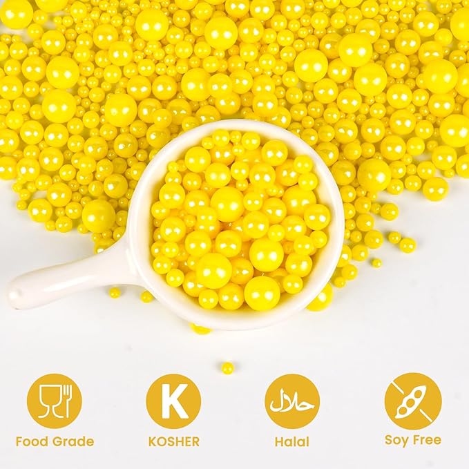 Yellow Pearl Sprinkles, Edible Sugar Pearls for Cake Decorating, 180g/6.35oz, Mix Size, Cake Decorations, Cupcake Toppers, Ice Cream Toppings, Wedding Party Supplies