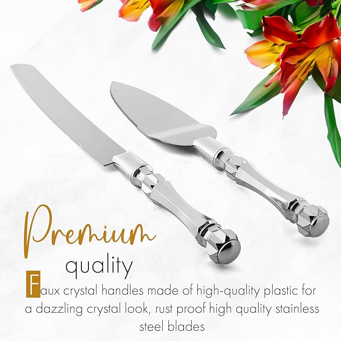 Cake Knife and Server Set, Cake Cutter and Pie Spatula, Cake Server and Knife Set with Acrylic Crystal Handles, Cake Cutting Set for Wedding Cake ??1.2mm Thick Blades, Birthdays, and Parties (Silver)