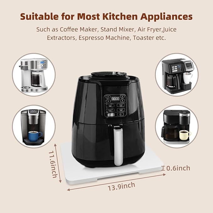 360째 Rolling Tray Bamboo Appliance Slider for Kitchen Appliances, Coffee Maker Mat Tray for Countertops Sliding Tray for Coffee Maker Appliances Mat Easily from Under The Cabinet White 11.6횞13.9