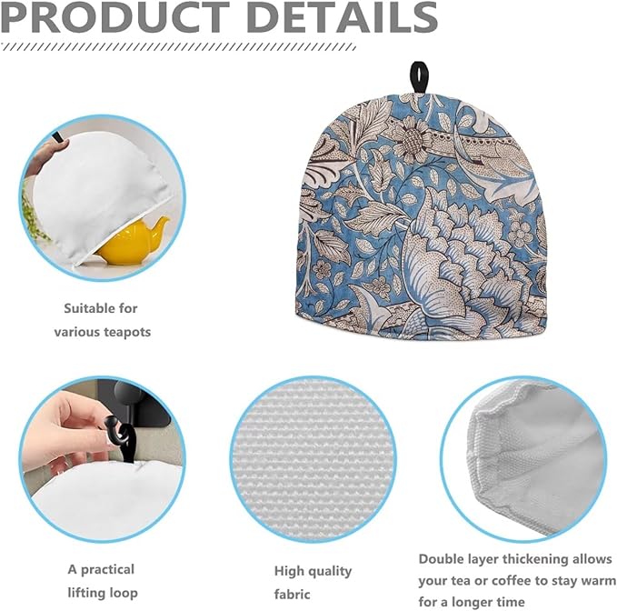 William Morris Pattern Tea Cozy for Teapot Dome Teapot Cover Customized Teapot Covers with Handle Dust Cover Kitchen Kettle Dust Cover Can Hung and Folded Tea Pot Kitchen Decorative 竊뉰lue竊?"<div>