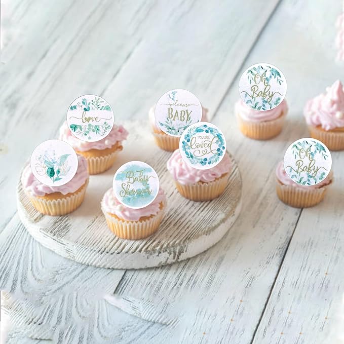 60 PCS Edible Baby Shower Cupcake Toppers Woodland Jungle Leaf Love Welcome Baby Cupcake Picks Edible Oh Baby Cake Decorations for Baby Shower Theme Gender Reveal Kids Birthday Party Supplies