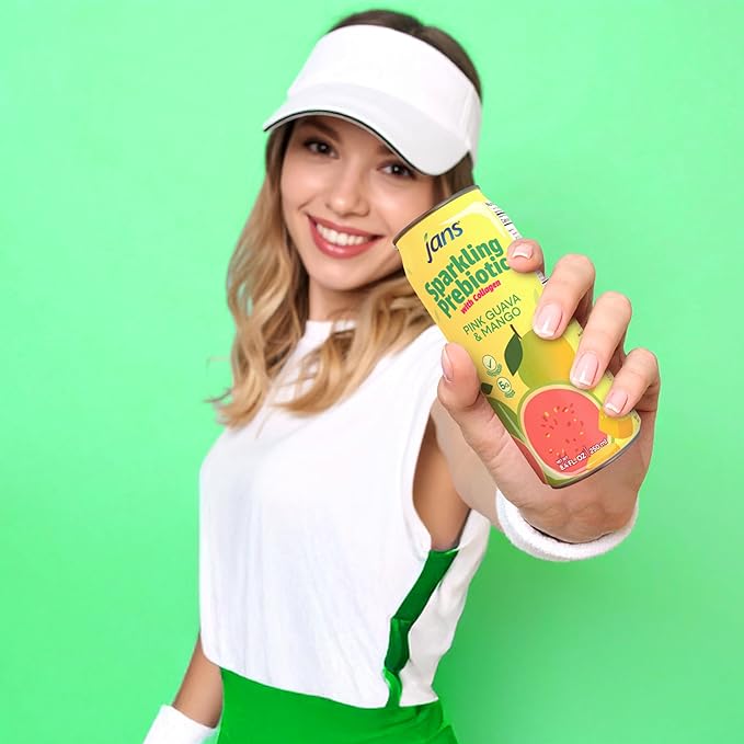 Jans Sparkling Prebiotic with Collagen Soda Beverage ??Pink Guava & Mango 8.4 Fl Oz (6-Pack) ??Low Calorie, NO Added Sugar, Non-GMO Sparkling Fruit Beverage, Gut Health Support
