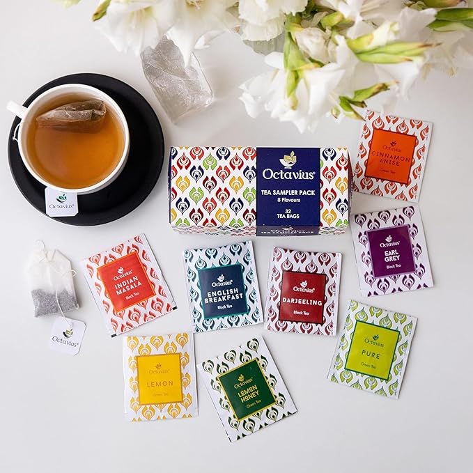 Octavius Tea Sampler Pack | 8 Assorted Black & Green Teas | 32 Teabags | Tea Sampler Variety Pack | Pack of 6