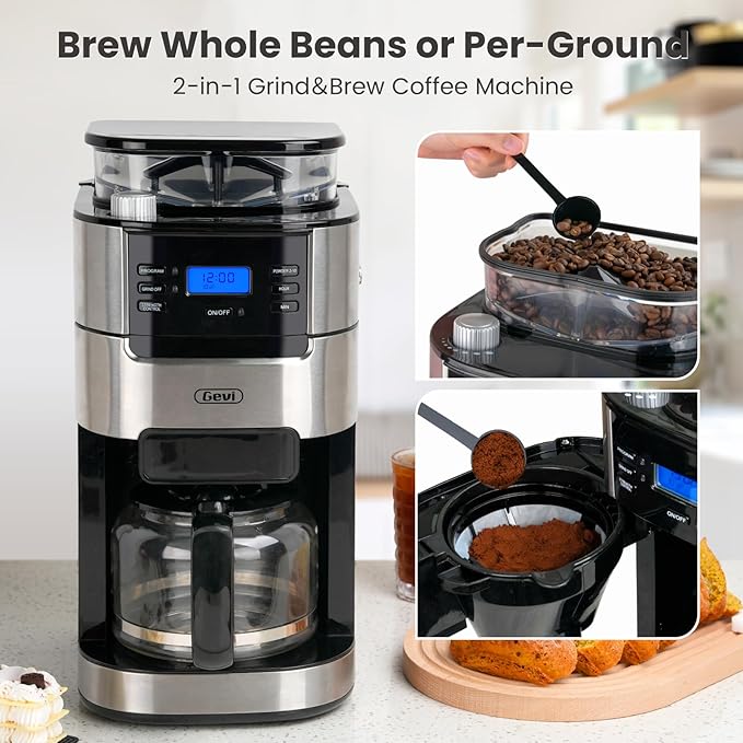 Gevi 10-Cup Coffee Maker with Built-in Burr Grinder, Programmable Timer, 1.5L Water Tank, Reusable Filter & Warming Plate โ Drip Coffee Machine for Fresh Ground Coffee