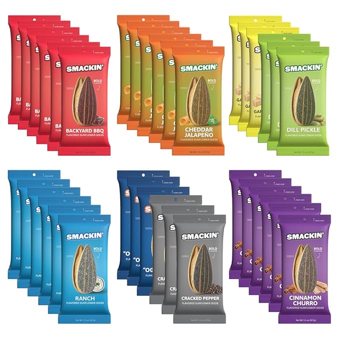 SMACKIN' Sunflower Seeds, Roasted Jumbo Small-Batch, American Made - 8 Flavor Variety. 1.5oz bags (36 Pack)
