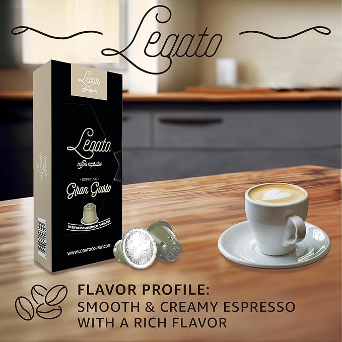 Legato Espresso Capsules - 10/100 count - Single-Serve Coffee Pods - Compatible with Nespresso OriginalLine Machine - Cafe-style Coffee at Home (10, Gran Gusto Strength 7)