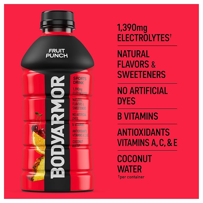 BODYARMOR Sports Drink Sports Beverage, Fruit Punch, Coconut Water Hydration, Natural Flavors With Vitamins, Potassium-Packed Electrolytes, Perfect For Athletes, 28 Fl Oz (Pack of 15)
