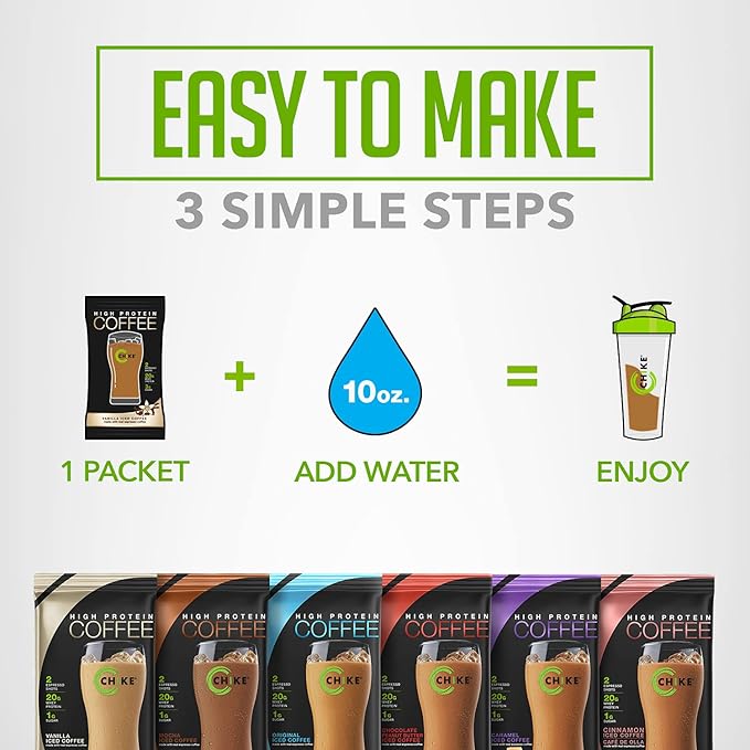 Chike High Protein Iced Coffee Sampler Pack, 20 G Protein, 2 Shots Espresso, 1 G Sugar, Keto Friendly and Gluten Free, 6 Single Serve Packets (packaging may vary)