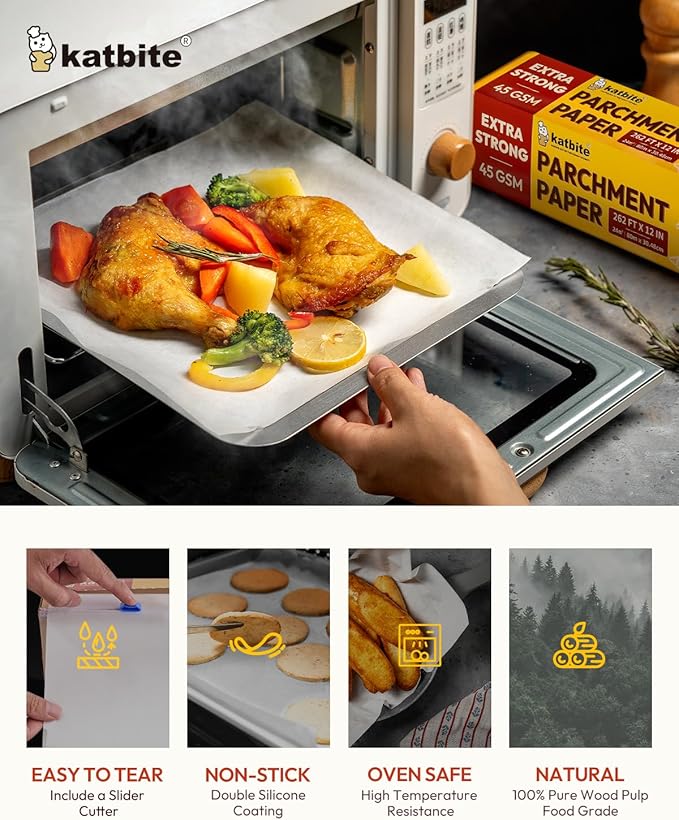 Katbite Heavy Duty Parchment Paper Roll for Baking, 12 in x 524 ft Non-Stick Baking Paper for Cooking, Baking Cookies, Grilling, Air Fryer and Steaming