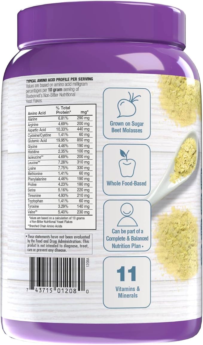 BlueBonnet Nutrition Non-Bitter Nutritional Yeast Flakes - Plant-Sourced Protein, B Vitamins & Vitamin D - Non-GMO, Vegan, Kosher, Gluten-Free, Soy-Free - 10.58 oz, 30 Servings