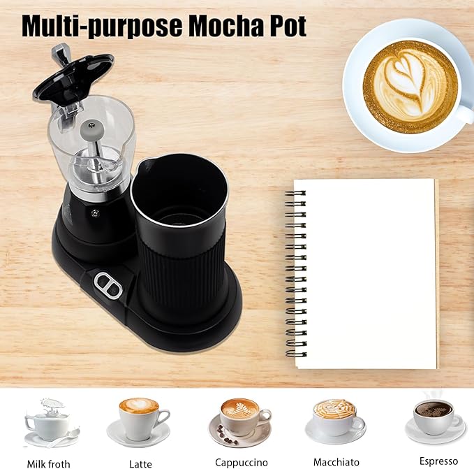 Espresso Maker with Milk Frother Electric Moka Pot 2-in-1 Espress Machine Aluminium One-Touch Operation Milk Froth Fine and Dense Black 110V