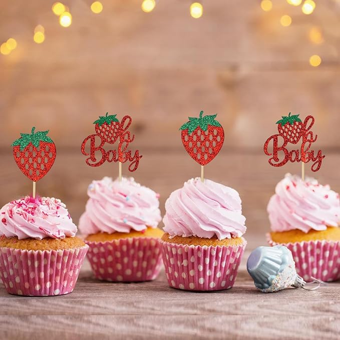 25Pcs Strawberry Cake Topper Glitter Oh Baby Strawberry Cupcake Toppers for Fruit Theme Baby Shower Birthday Summer Party Cake Decorations Supplies Red