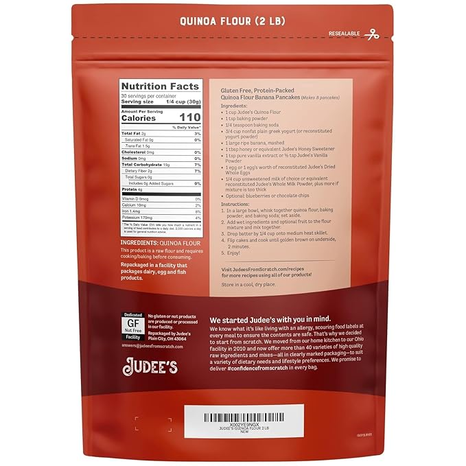 Judee's Quinoa Flour 2 lb - Made In USA, Non-GMO, Vegan - Great for Making Pancakes, Muffins, Pie Crusts, Quiches, and Breads - Made in a Dedicated Gluten-Free Facility