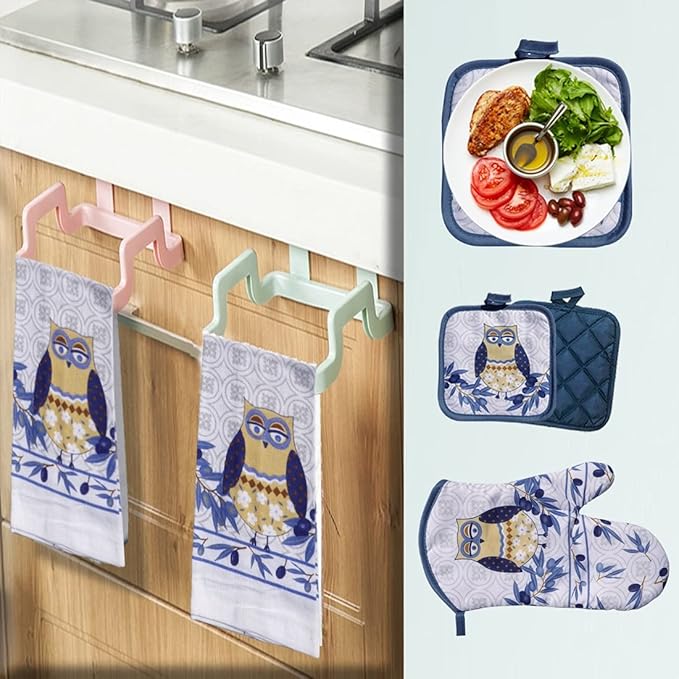 Lobyn Value Packs: Whimsical Blue Owl 5 Piece Kitchen Towel Set, includes 2 Decorative Dish Towels, 1 Oven Mitt & 2 Potholders for Enchanting Style