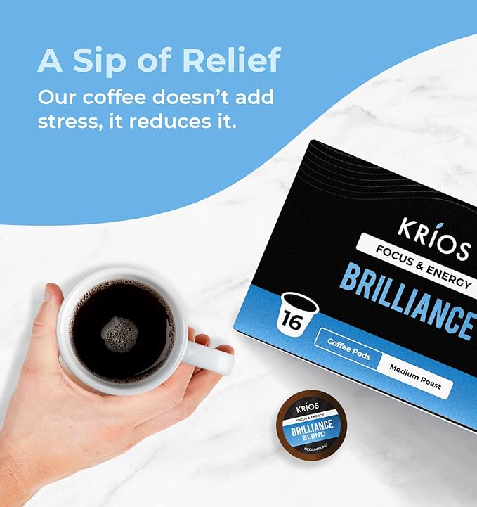 Krios Coffee Brilliance Coffee Pods, Enhance Energy & Focus with Essential Vitamins, L-Theanine, Bacopa Monnieri & Rhodiola Rosea, Medium Roast, Smooth, 16 Ct