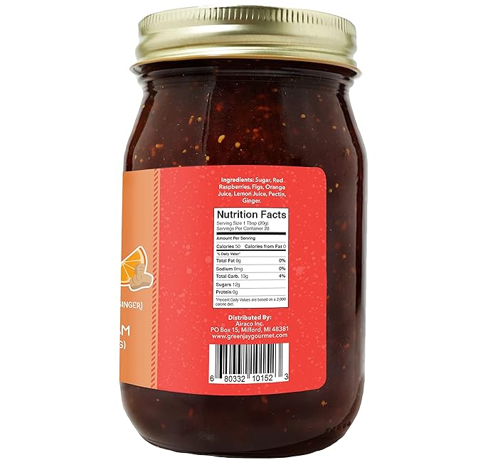 Green Jay Gourmet FROG Jam - All-Natural Raspberry Jam with Figs, Red Raspberries, Orange Juice & Ginger - Vegan, Gluten-free Fruit Jam - Contains No Preservatives - Made in USA - 20 Ounces