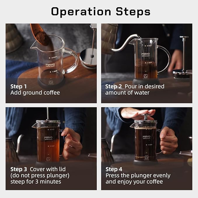 French Press Coffee Maker Stainless Steel Cold Brew Heat Resistant Glass Coffee & Tea Maker with 2 Filter (600ml/20oz)