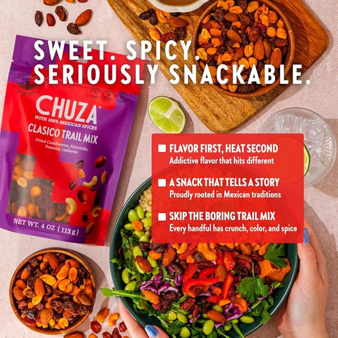 CHUZA Clasico Trail Mix ??Semi Spicy Sweet Snack with 100% Mexican Spices ??Dried Cranberries, Almonds, Peanuts & Cashews ??High Protein, Gluten-Free ??4 oz (Pack of 2)