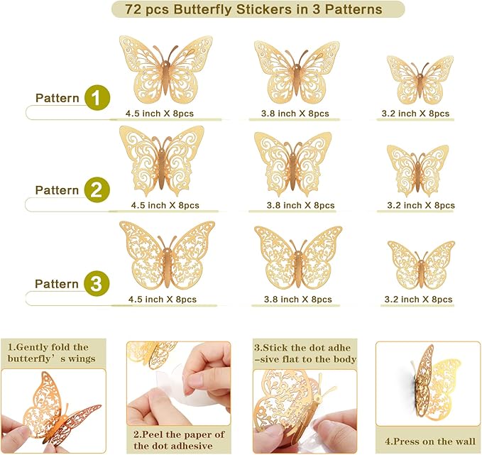 Crosize 72 Pcs Gold Butterfly Decorations, 3 Sizes 3 Styles, 3D Butterfly Wall Decor, Party Decorations, Birthday Decorations, Butterflies for Crafts, Cake Decorating, Wall Room Decor