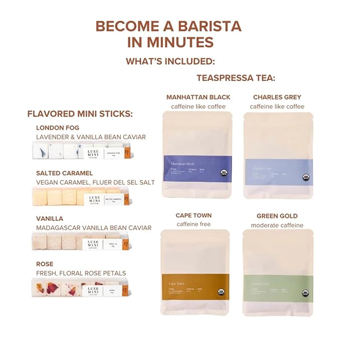 Tea Latte Sampler Kit by Teaspressa – Tasting Set with 4 Signature Organic Tea Blends & 4 Luxe Sugar Cubes – Black, Green, Rooibos Teas – Rose, Vanilla, London Fog – Gift Set