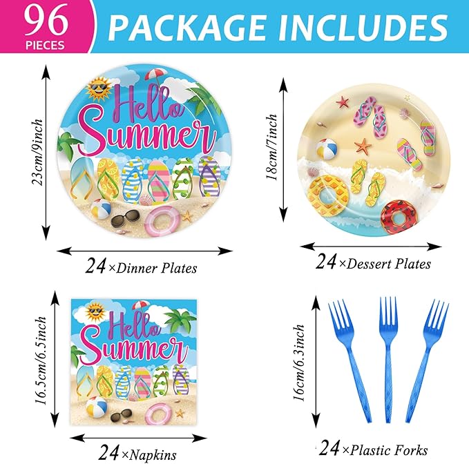 96Pcs Hello Summer Plates and Napkins Beach Party Decorations Hawaiian Tropical Disposable Paper Dessert Plates Tableware Set for 24 Guests Kids Summery Ocean Pool Birthday Party Supplies
