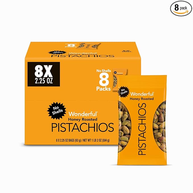 Wonderful Pistachios No Shells, Honey Roasted Nuts, 2.25 Ounce Bag (Pack of 8), Protein Snacks, Sweet Snacks, Gluten Free, Healthy Snack