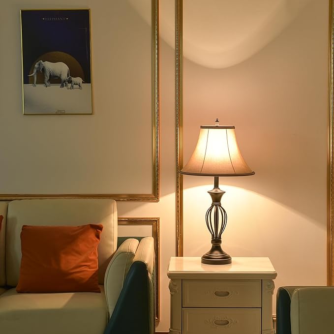 3 Pack Lamp Set, Living Room Light Set of 3, Floor and Table Lamp Set in Black Finish with Vintage Brown Fabric Light Shades, 26" and 61"(H), Solid Iron