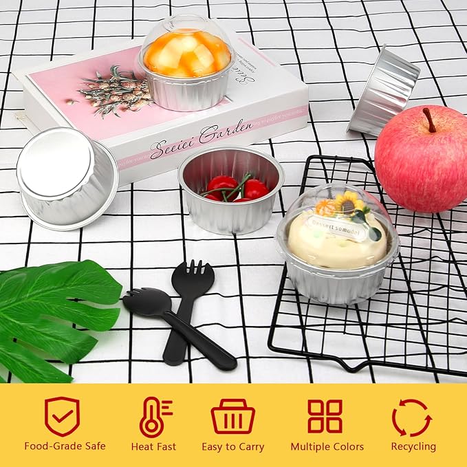 Cupcake Liners with Dome Lids 50 Pack,Free-Air 5oz Aluminum Foil Baking Cups Muffin Tin,Souffle Dessert Pudding Ramekin Holders for Individual Bakery Wedding Birthday Party,with 50 Spoons-Silver