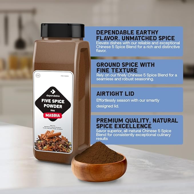 Dependable Food Chinese Five Spice Blend - 11 oz. Resealable Pouch - Natural, Non-GMO, Allergen-Free, No Additives, Kosher – Asian Spice Mix Seasoning