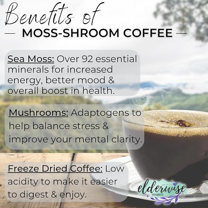 Elderwise Organics Coffee with Mushrooms & Sea Moss - Lion's Mane, Chaga, Reishi & Cordyceps - 24 Servings - Healthy Coffee - Freeze Dried Instant - Chemical free - Fair Trade