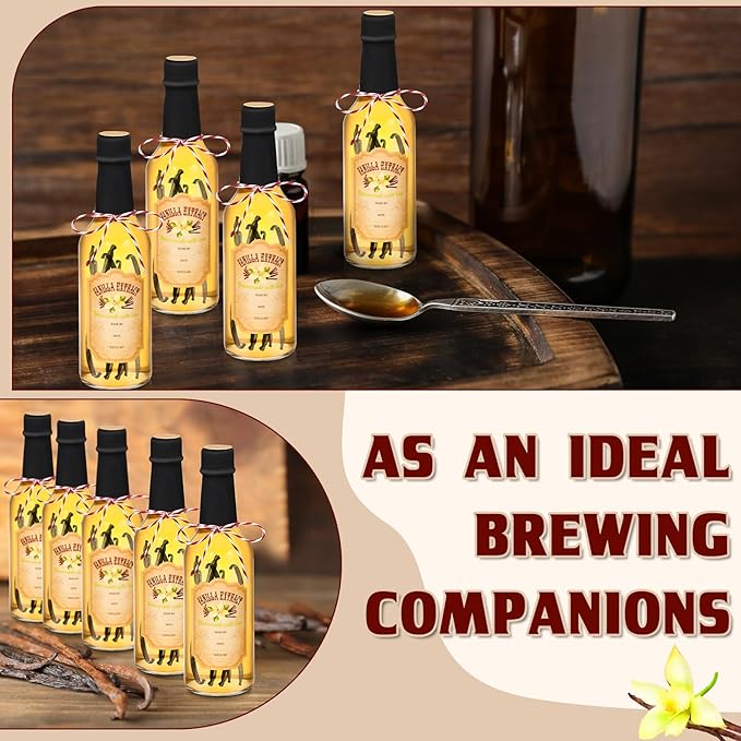 Tioncy 16 Pcs Vanilla Extract Bottles for Homemade Vanilla Jar Glass Bottle with Cap, Shrink Band, Sticker Syrup Gift Food Storage Canister for Bean Sauce Spice(Black,8.5 oz)