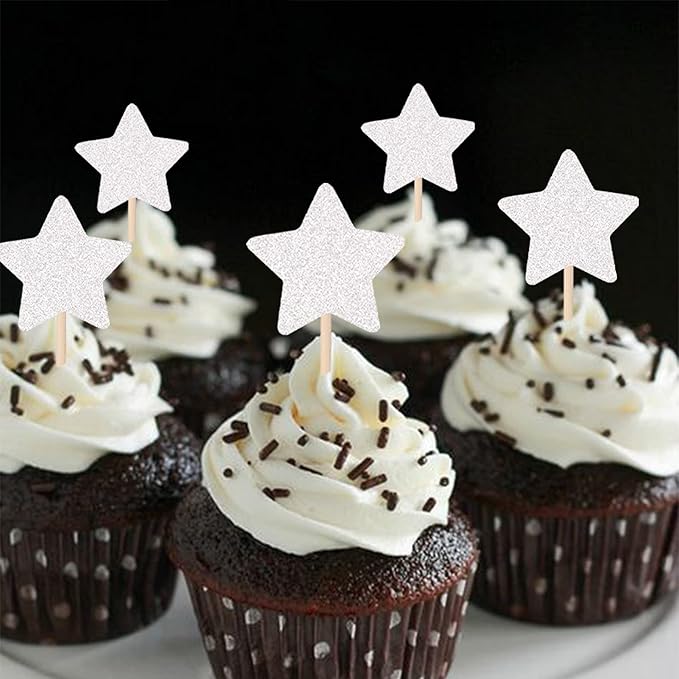 30 PCS Little Star Cupcake Toppers Glitter Twinkle Star Cupcake Picks Wedding Engagement Baby Shower Birthday Party Cake Decorations Supplies Mixed Size Silver