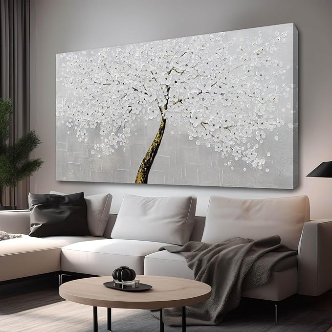 VAYIMDH Botanical Wall Decor for Living Room White with Gold Painting on Canvas Floral Wall Art Nature Artwork for Office Home 29"x 58" Hand Painted