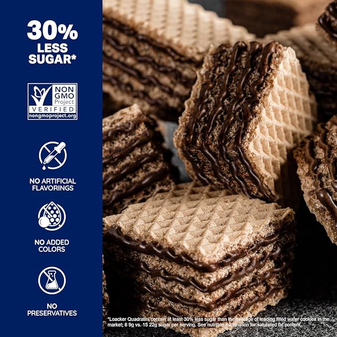 Loacker Quadratini Chocolate Wafer Cookies LARGE - 30% Less Sugar - Premium Crispy Bite Size Wafers - NON-GMO - LARGE Pack of 6