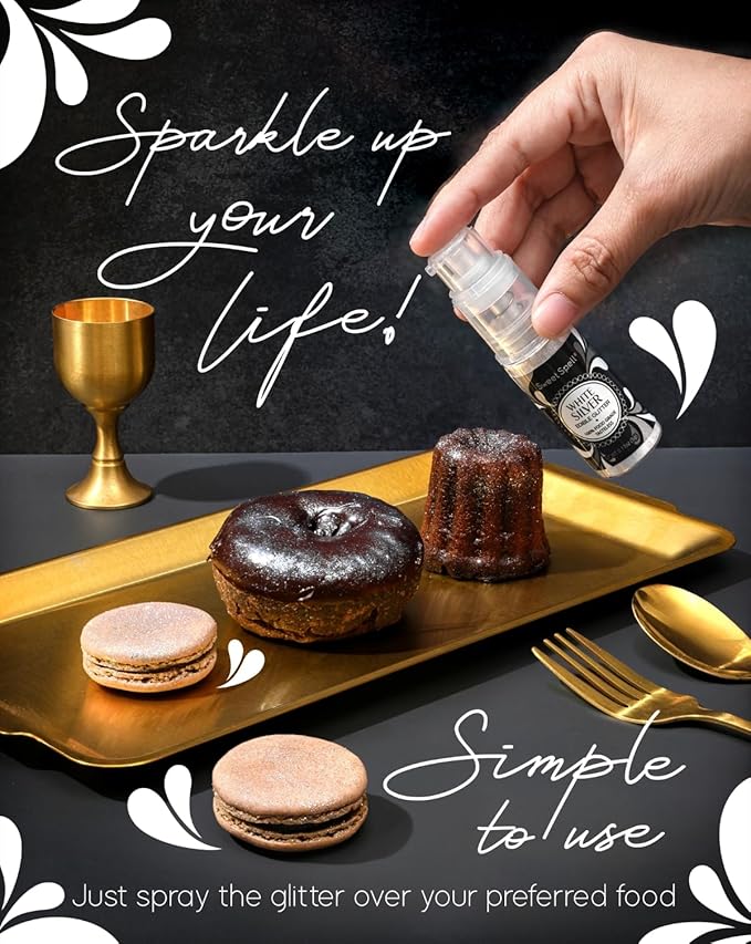 Sweet Spell Edible Cake Glitter Spray ??Shimmering Magic for Cakes Decorating & Cocktails ??100% Edible, Food-Grade, Vegan, Gluten-Free (White Silver)