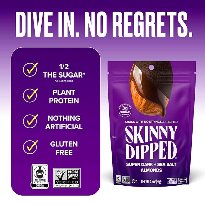 SkinnyDipped Super Dark Chocolate + Sea Salt Almonds, Vegan, Healthy Snack, Plant Protein, Gluten Free, 3.5 oz Resealable Bags, Pack of 5