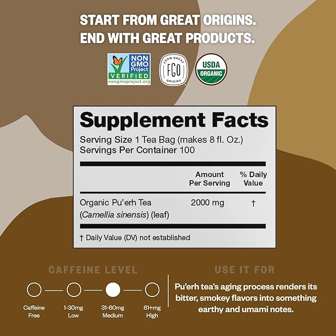FGO Organic Pu'erh Tea, 100 Count, Eco-Conscious Tea Bags, Resealable Bag, Packaging May Vary (Pack of 1)